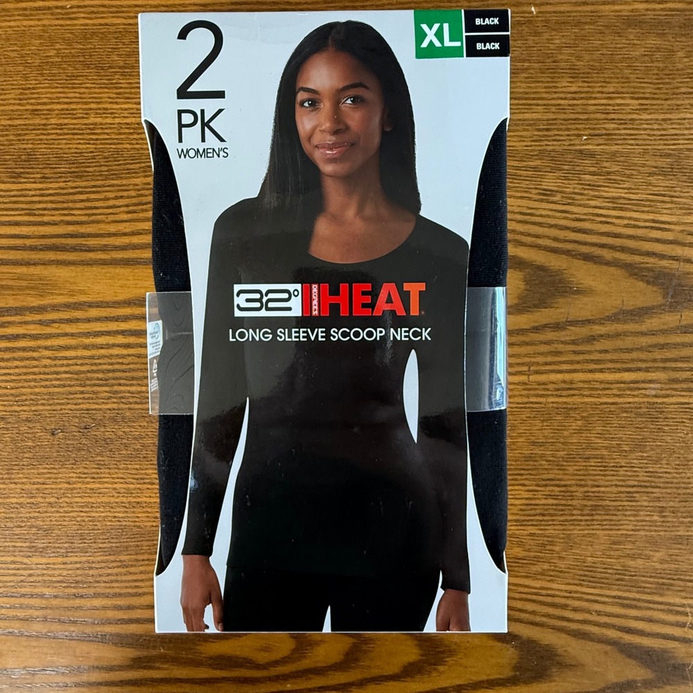 32 Degrees Heat Womens 2 Pack Long Sleeve Scoop Neck Thermal Tops Black XL NIB